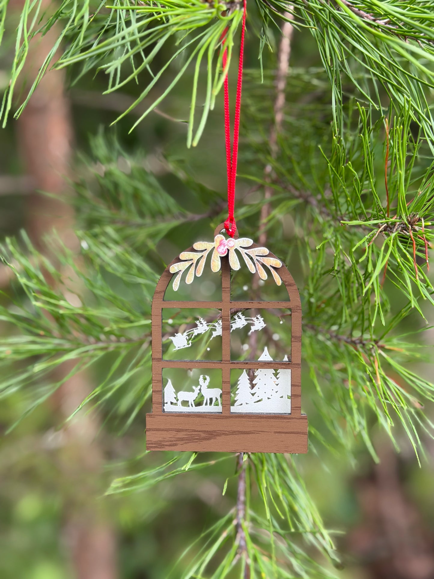 Wood Window Ornament with Holiday Scene and Swag