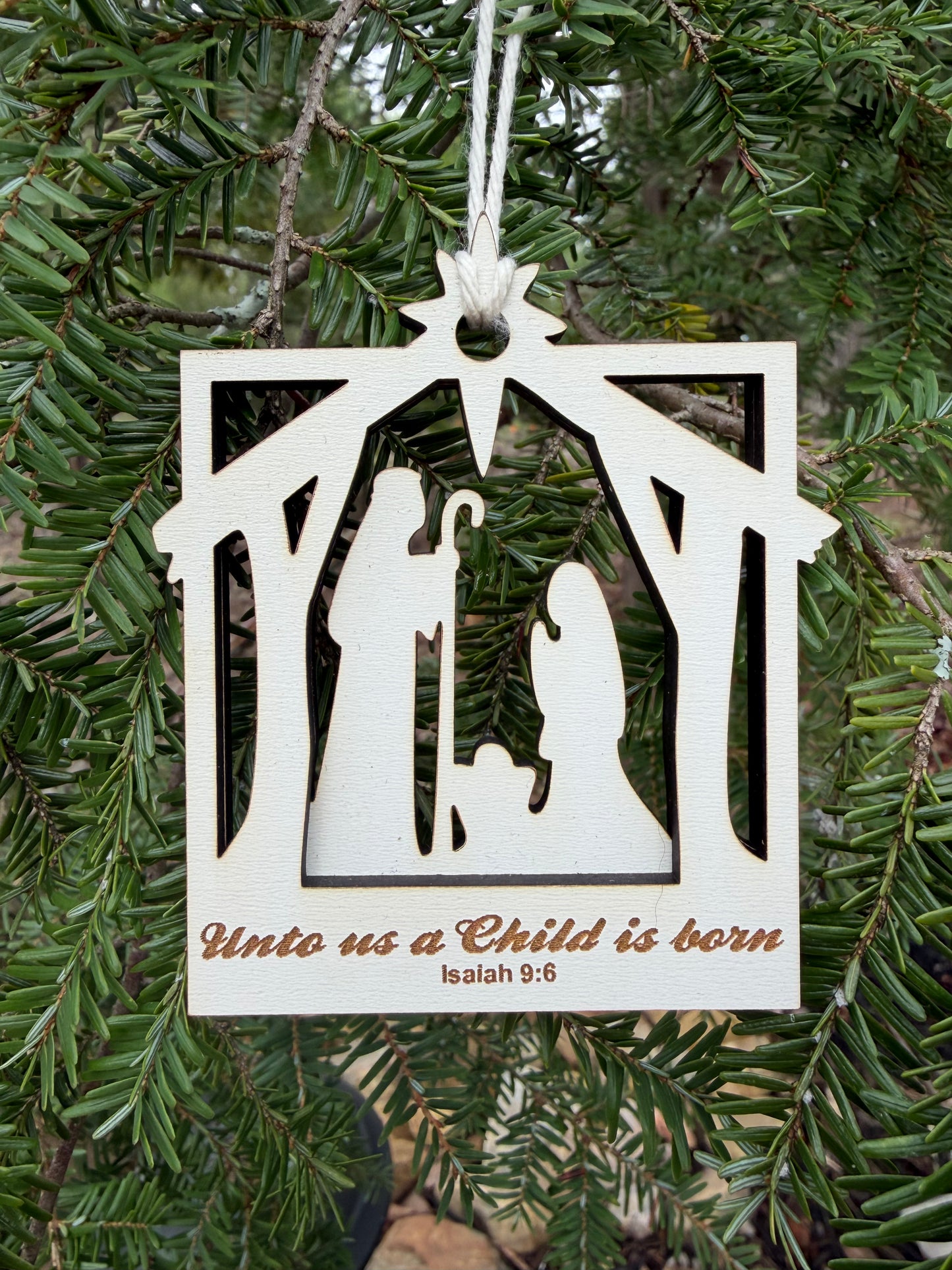 Nativity Ornament - “Unto us a Child is born”, White MDF