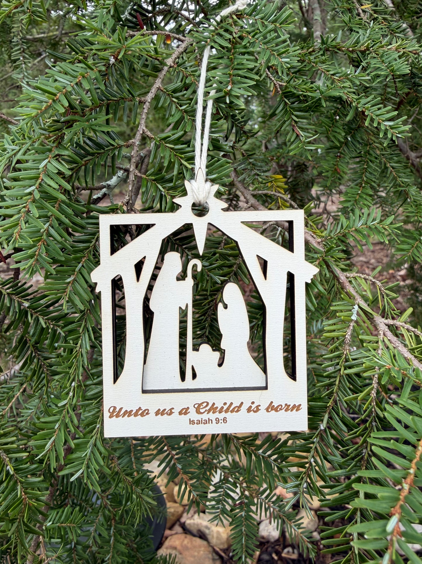 Nativity Ornament - “Unto us a Child is born”, White MDF