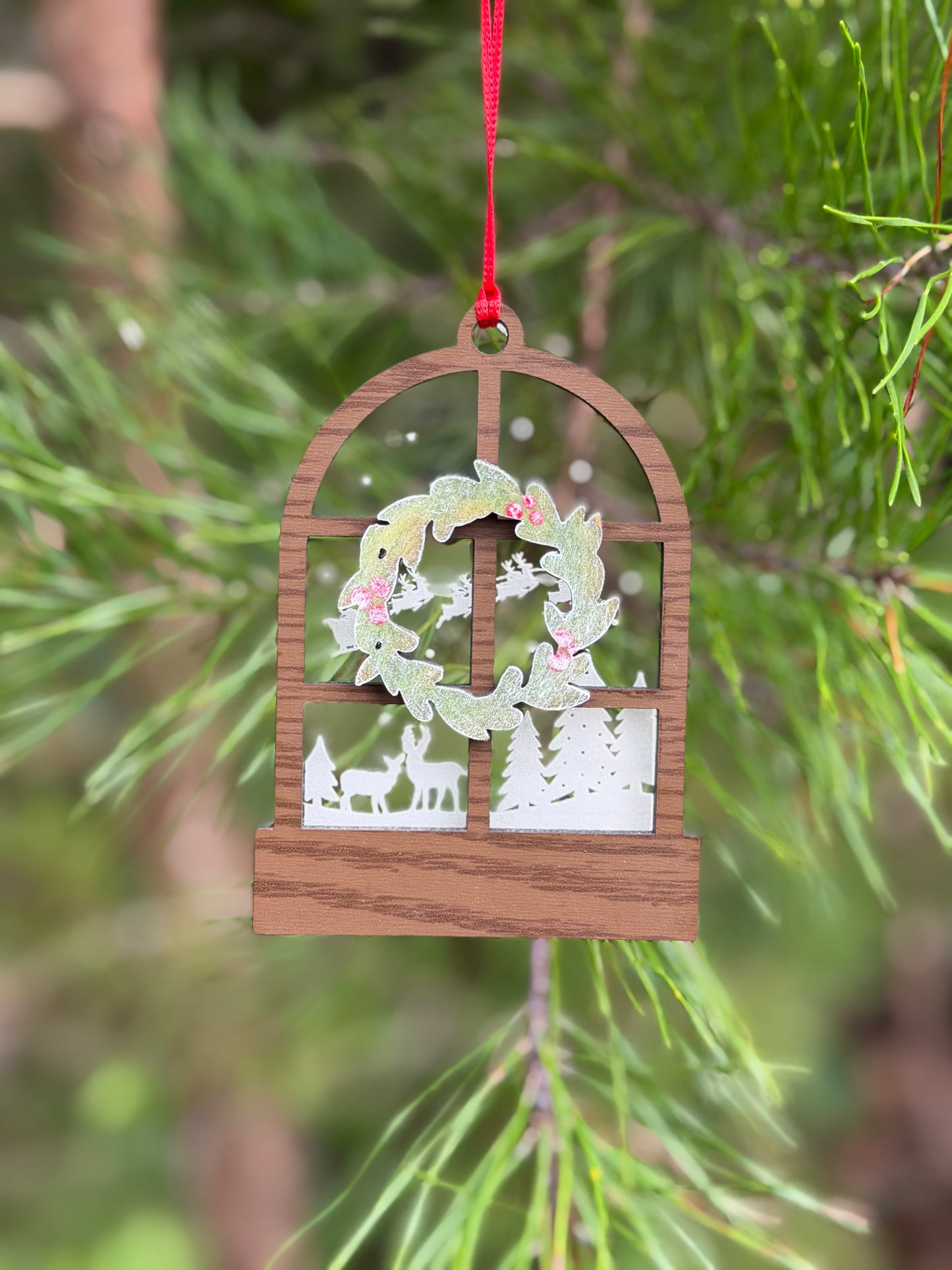 Wood Window Ornament with Holiday Scene and Wreath