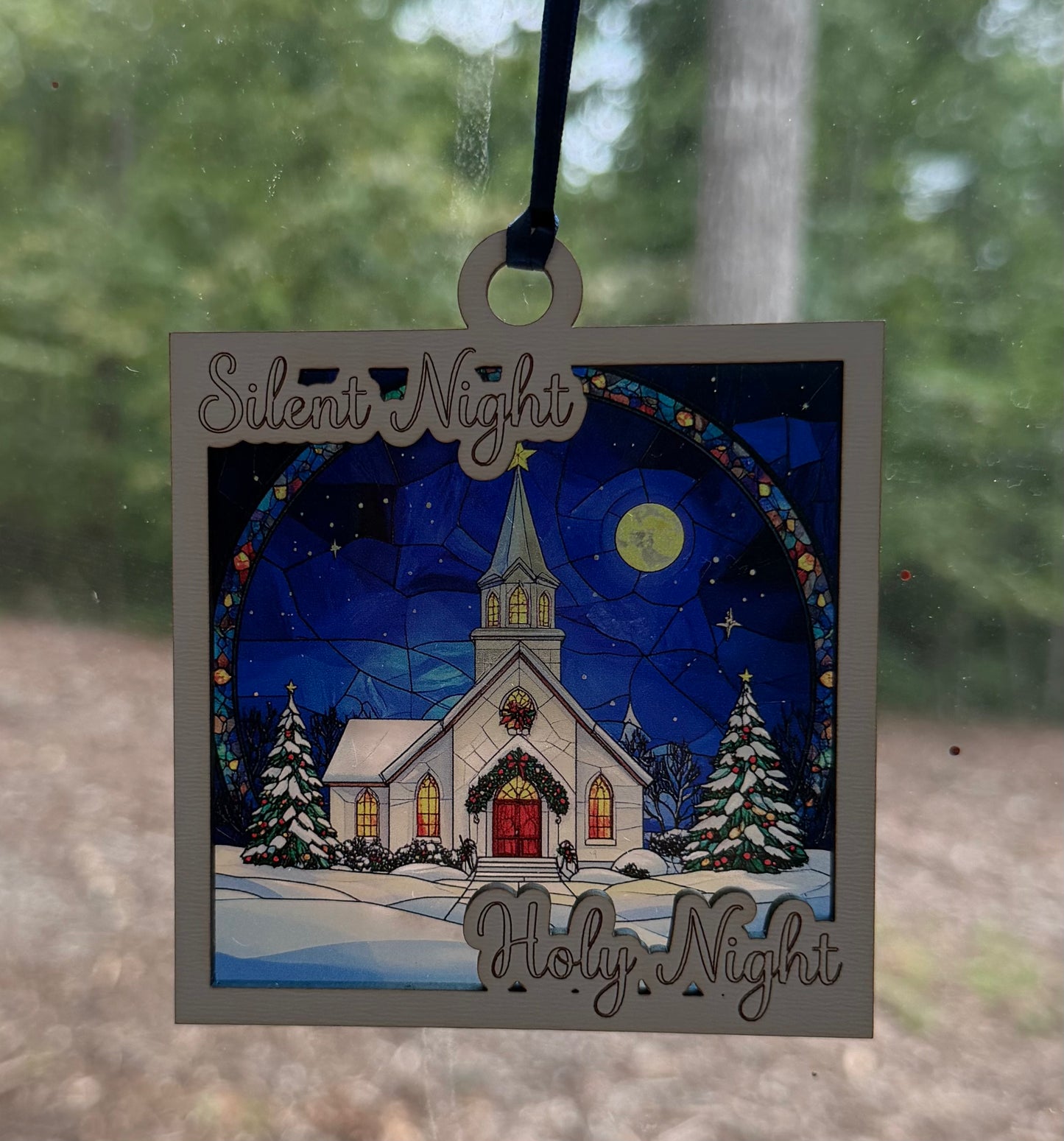Snowy Christmas Church Faux Stained Glass Ornament/Sun Catcher