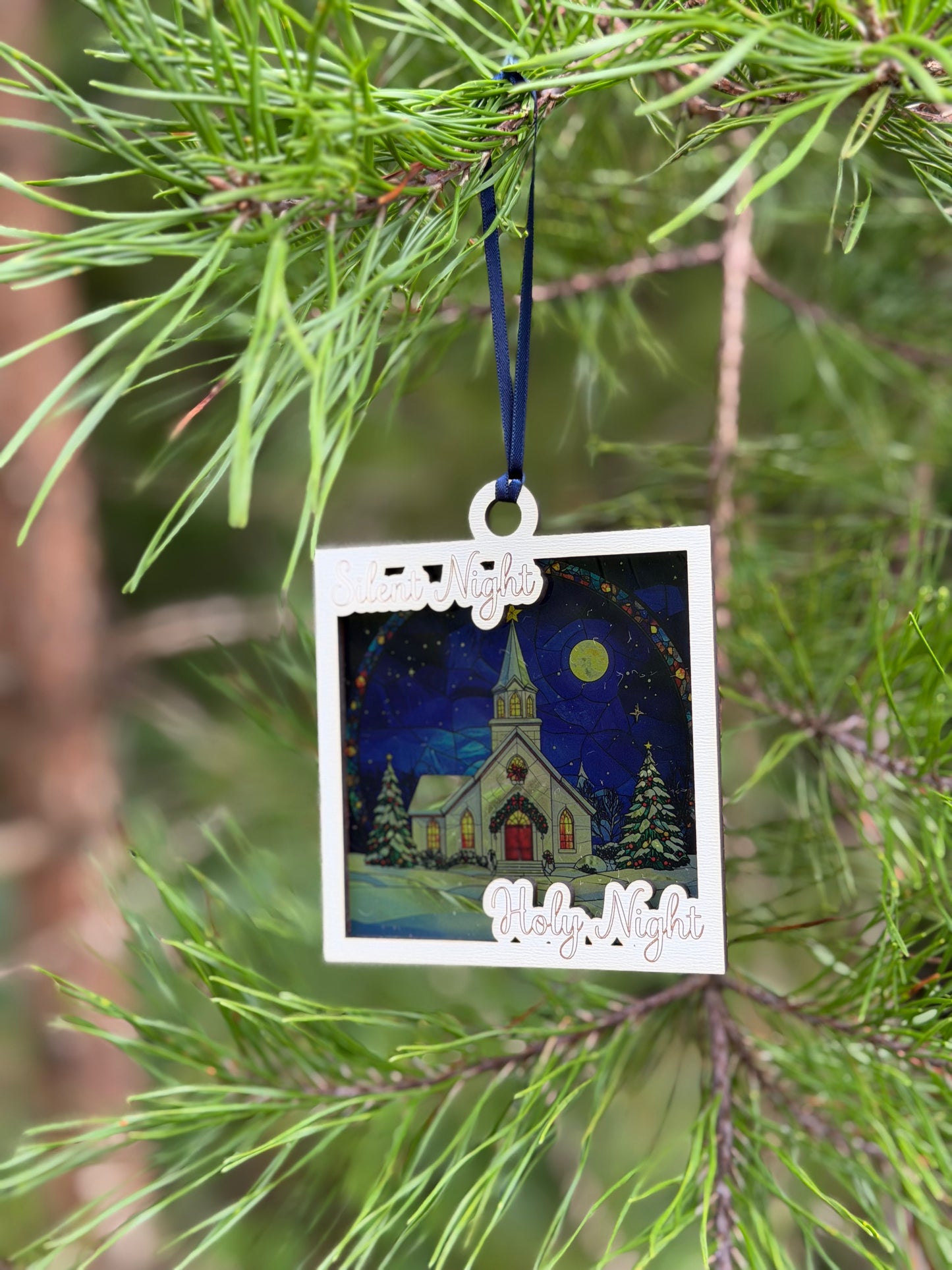 Snowy Christmas Church Faux Stained Glass Ornament/Sun Catcher