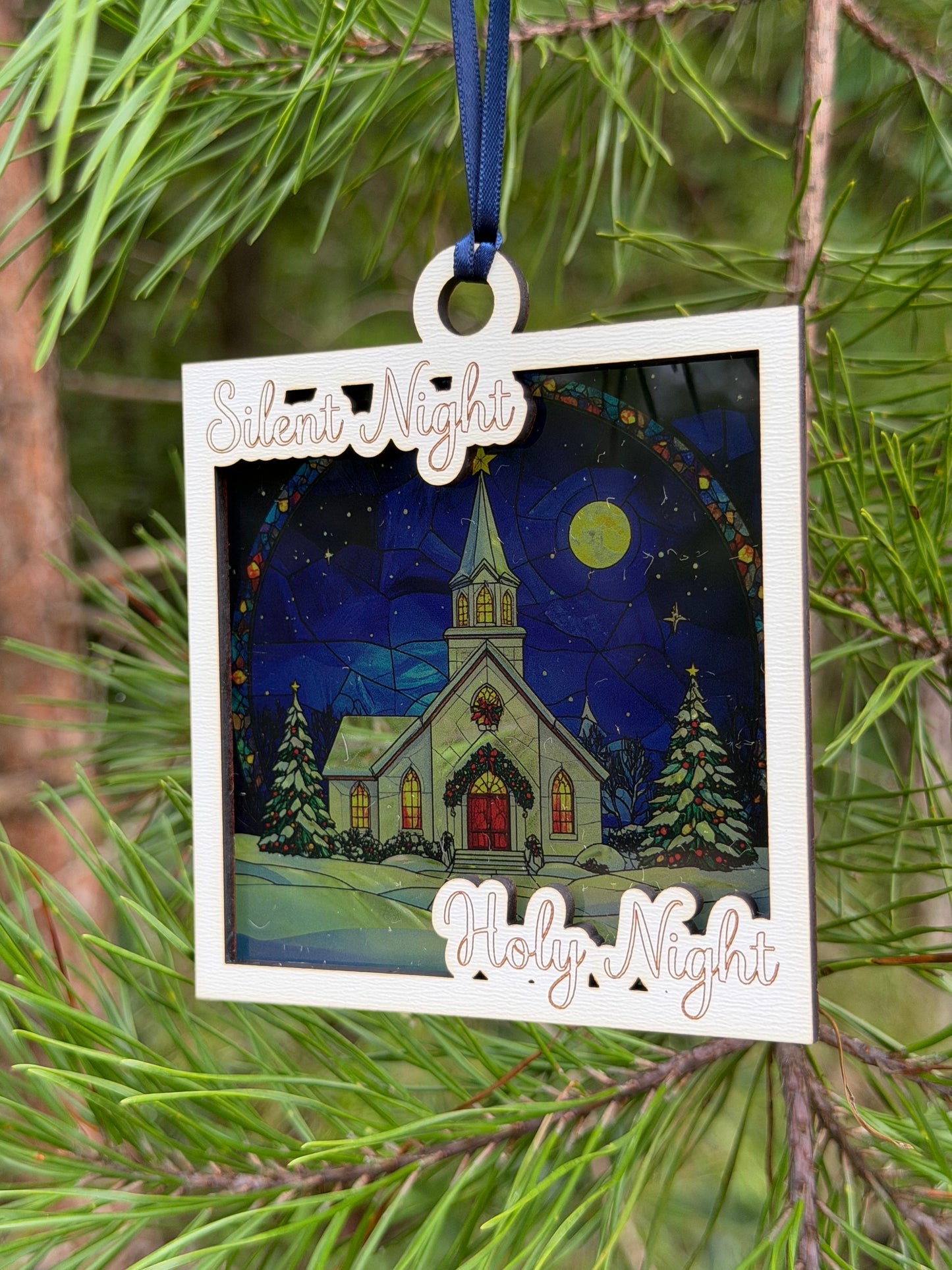 Snowy Christmas Church Faux Stained Glass Ornament/Sun Catcher