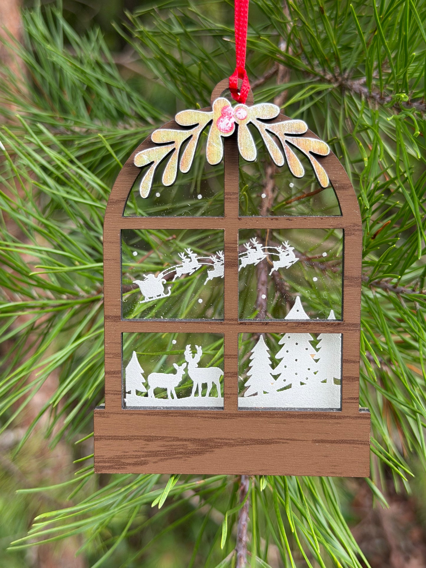 Wood Window Ornament with Holiday Scene and Swag
