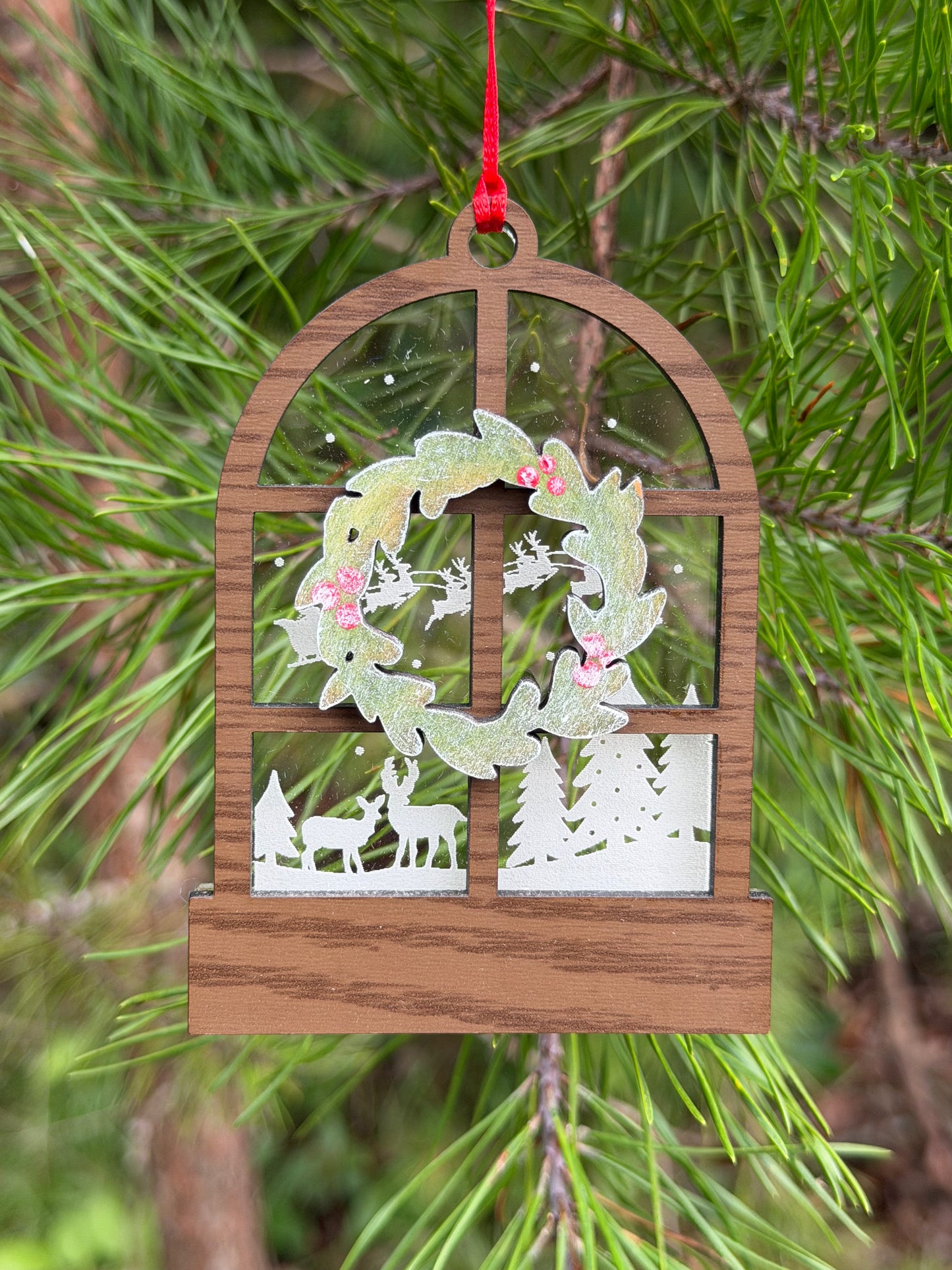 Wood Window Ornament with Holiday Scene and Wreath